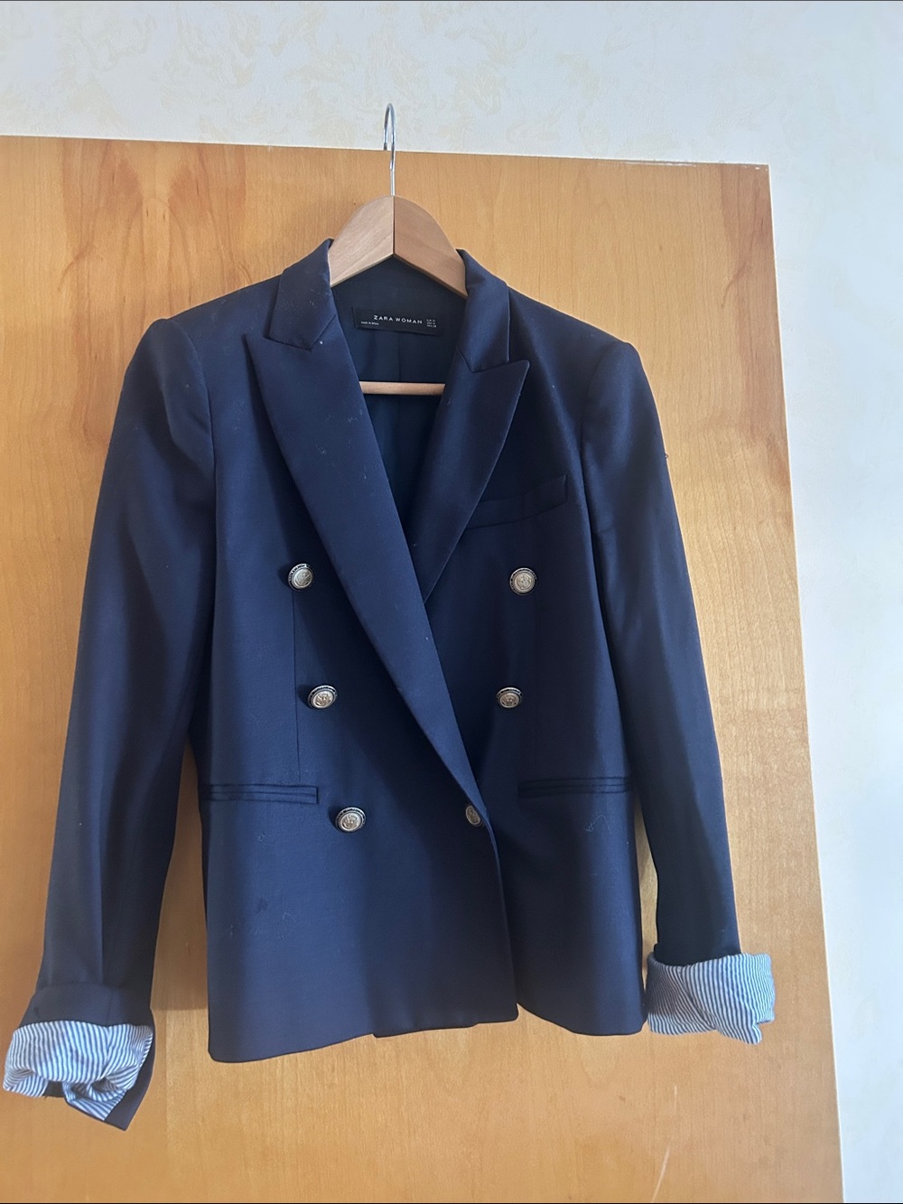Zara Double-Breasted Dark Navy Blazer with Silver Buttons